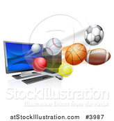 Vector Illustration of a Desktop Computer and Sports Balls Flying from the Screen by AtStockIllustration