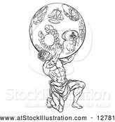 Vector Illustration of a Determined Greek Mythology Titan Lifting Globe with Zodiac Theme - Black Outlined Version by AtStockIllustration