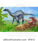 Vector Illustration of a Diplodocus Dinosaur by a T Rex and Triceratops in a Fight by AtStockIllustration