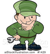 Vector Illustration of a Engineer, Mechanic or Plumber Man in a Green Uniform, Rubbing His Chin While in Thought and Holding a Wrench by AtStockIllustration