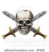 Vector Illustration of a Engraved Pirate Skull over Crossed Swords by AtStockIllustration