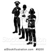 Vector Illustration of a Faceless Black and White Male Doctor, Police Man and Fire Fighter Standing with Folded Arms by AtStockIllustration