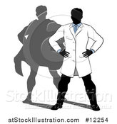 Vector Illustration of a Faceless Male Scientist Standing with Hands on His Hips and a Super Hero Shadow by AtStockIllustration