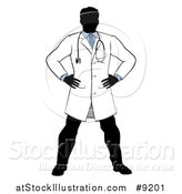 Vector Illustration of a Faceless Silhouetted Male Doctor Wearing a Lab Coat, Standing with Hands on His Hips by AtStockIllustration
