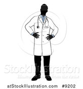 Vector Illustration of a Faceless Silhouetted Male Doctor Wearing a Lab Coat, Standing with Hands on His Hips by AtStockIllustration