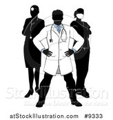 Vector Illustration of a Faceless Silhouetted Male Doctor Wearing a Lab Coat, Standing with Hands on His Hips, with His Team Behind Him by AtStockIllustration