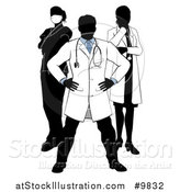 Vector Illustration of a Faceless Silhouetted Male Doctor Wearing a Lab Coat, Standing with Hands on His Hips, with His Team Behind Him by AtStockIllustration