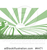 Vector Illustration of a Farm House and Rolling Hills with Sunshine in Green and White by AtStockIllustration