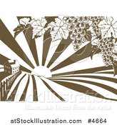 Vector Illustration of a Farm House and Rolling Hills with Winery Grape Vines and Sun Rays in Brown and White by AtStockIllustration