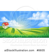 Vector Illustration of a Farmhouse Atop a Hill with Fields at Sunrise by AtStockIllustration