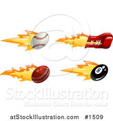 Vector Illustration of a Fast Fiery Baseball, Boxing Glove, Cricket Ball and Eight Ball by AtStockIllustration