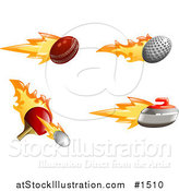Vector Illustration of a Fast Fiery Cricket, Golf and Tennis Balls with a Curling Stone by AtStockIllustration