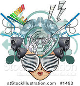 Vector Illustration of a Female Media Head with Visual Glasses, Speakers, Equalizers and Arrows by AtStockIllustration