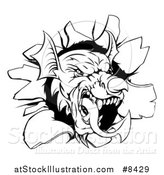 Vector Illustration of a Fierce Black and White Welsh Dragon Mascot Head Breaking Through a Wall by AtStockIllustration