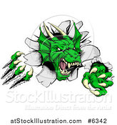 Vector Illustration of a Fierce Green Dragon Mascot Head Shredding Through a Wall by AtStockIllustration