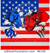 Vector Illustration of a Fierce Political Aggressive Democratic Donkey or Horse and Republican Elephant Shredding Through an American Flag by AtStockIllustration