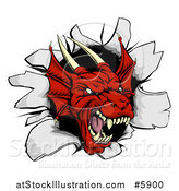 Vector Illustration of a Fierce Red Dragon Mascot Head Breaking Through a Wall by AtStockIllustration