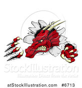 Vector Illustration of a Fierce Red Dragon Mascot Head Shredding Through a Wall by AtStockIllustration