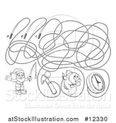 Vector Illustration of a Fishing Line Maze with a Garden Gnome, Hammer, Fish and Clock by AtStockIllustration