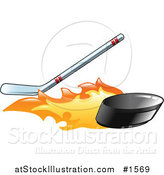 Vector Illustration of a Flaming Black Hockey Puck Flying Away from a Hockey Stick by AtStockIllustration