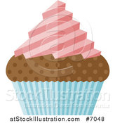 Vector Illustration of a Flat Design Chocolate Cupcake with Pink Frosting and a Blue Wrapper by AtStockIllustration