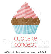 Vector Illustration of a Flat Design Chocolate Cupcake with Pink Frosting and a Blue Wrapper over Sample Text by AtStockIllustration