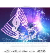 Vector Illustration of a Floating Sheet Music over Blue with Magical Lights by AtStockIllustration