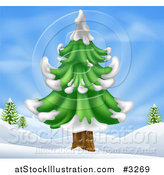 Vector Illustration of a Flocked Evergreen Tree in a Hilly Snow Landscape by AtStockIllustration