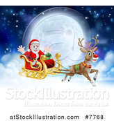 Vector Illustration of a Flying Magic Christmas Red Nosed Reindeer, Rudolph, Flying Santa in a Sleigh Above the Clouds Against a Full Moon by AtStockIllustration