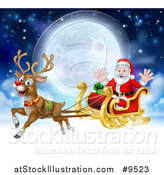 Vector Illustration of a Flying Magic Christmas Red Nosed Reindeer, Rudolph, Flying Santa in a Sleigh Above the Clouds Against a Full Moon by AtStockIllustration