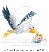 Vector Illustration of a Flying Stork Bird Holding a Happy Baby Boy in a Blue Bundle with His Arms out like Wings by AtStockIllustration