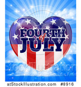 Vector Illustration of a Fourth of July American Flag Heart over a Blue Sky with Clouds and Rays by AtStockIllustration