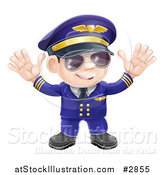 Vector Illustration of a Friendly Airline Pilot Wearing Sunglasses and Waving with Both Hands by AtStockIllustration