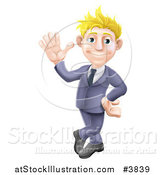 Vector Illustration of a Friendly Blond Businessman in a Blue Suit, Leaning and Waving by AtStockIllustration