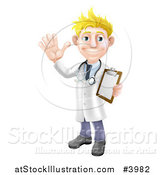 Vector Illustration of a Friendly Blond Male Doctor Waving and Holding a Medical Chart by AtStockIllustration