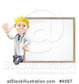 Vector Illustration of a Friendly Blond Male Doctor Waving and Leaning Against a White Board by AtStockIllustration