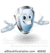 Vector Illustration of a Friendly Blue and Chrome Shield Mascot Holding His Hands out by AtStockIllustration