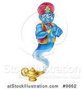 Vector Illustration of a Friendly Blue Genie Emerging from His Lamp and Pointing at You by AtStockIllustration