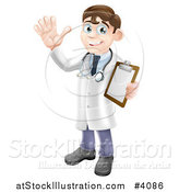 Vector Illustration of a Friendly Brunette Male Doctor Holding a Medical Chart and Waving by AtStockIllustration