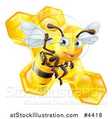 Vector Illustration of a Friendly Cute Bee Waving over Honeycombs by AtStockIllustration