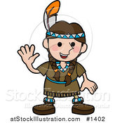 Vector Illustration of a Friendly Girl in a Native American Indian Costume Made of Leather and Beads, Wearing a Feather in Her Hair and Waving by AtStockIllustration