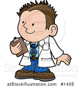 Vector Illustration of a Friendly Male Doctor in a White Coat, Holding a Clipboard and Smiling While Talking with a Patient by AtStockIllustration