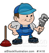 Vector Illustration of a Friendly Male Plumber in a Blue Uniform and Hat, Holding a Wrench and Standing by a Plunger by AtStockIllustration