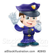 Vector Illustration of a Friendly Male Police Officer Holding a Hand up and Using a Whistle by AtStockIllustration