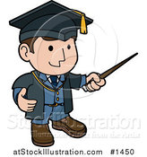 Vector Illustration of a Friendly Male Teacher in a Graduation Cap and Blue Uniform, Waving Around a Pointer Stick While Teaching Class by AtStockIllustration