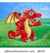 Vector Illustration of a Friendly Red Dragon Waving in a Valley by AtStockIllustration