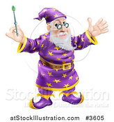 Vector Illustration of a Friendly Wizard Holding up a Wand by AtStockIllustration