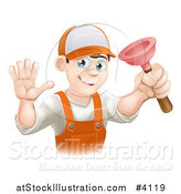 Vector Illustration of a Friendly Young Brunette Plumber Holding a Plunger and Waving by AtStockIllustration