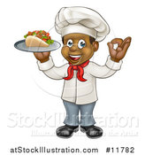 Vector Illustration of a Full Length Cartoon Black Male Chef Holding a Souvlaki Kebab Sandwich on a Tray and Gesturing Perfect by AtStockIllustration