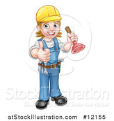 Vector Illustration of a Full Length Female Plumber Giving a Thumb up and Holding a Plunger by AtStockIllustration